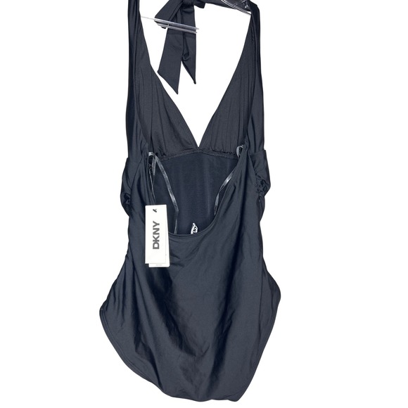 DKNY Black Halter One Piece Swimsuit Tummy Control Ruched Size L NEW - Picture 4 of 4